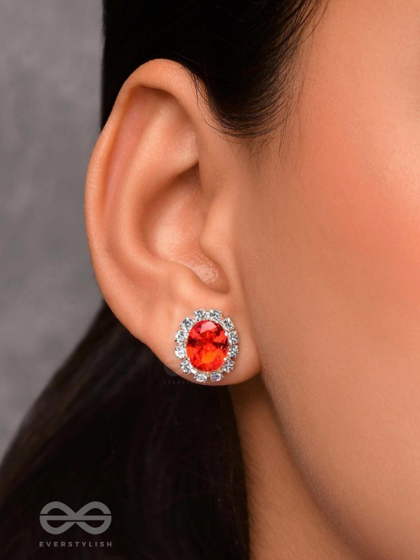 SHIMMER AND SHINE - SILVER AND RED EMBELLISHED STUD EARRINGS