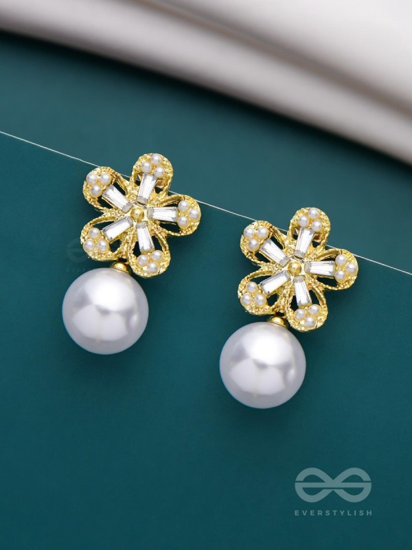 PEARL PETAL PARADISE - GOLDEN AND WHITE EMBELLISHED EARRINGS