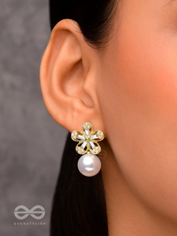 PEARL PETAL PARADISE - GOLDEN AND WHITE EMBELLISHED EARRINGS
