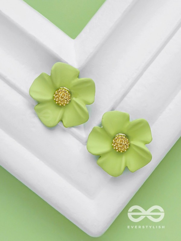 THE BLOSSOM BALLAD - GOLDEN AND GREEN ACRYLIC STUD EARRINGS