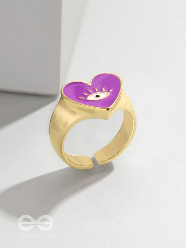 Eye Heart You - Purple Enamelled Golden Ring (Adjustable)