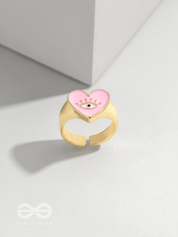 Eye Heart You - Pink Enamelled Golden Ring (Adjustable)