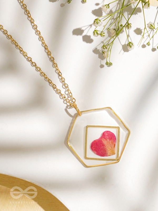 Heart Of Rose - Pressed Flower Resin Pendant With Anti-Tarnish Coating 