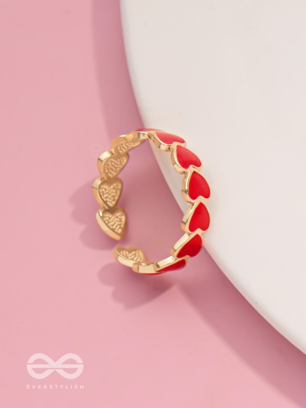 Crimson Hearts - Golden & Red Enamelled Ring