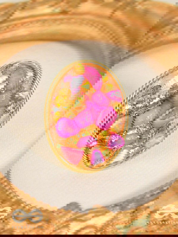 Sparkles & Stones  - Golden Embellished Ring (Pink) (Adjustable)