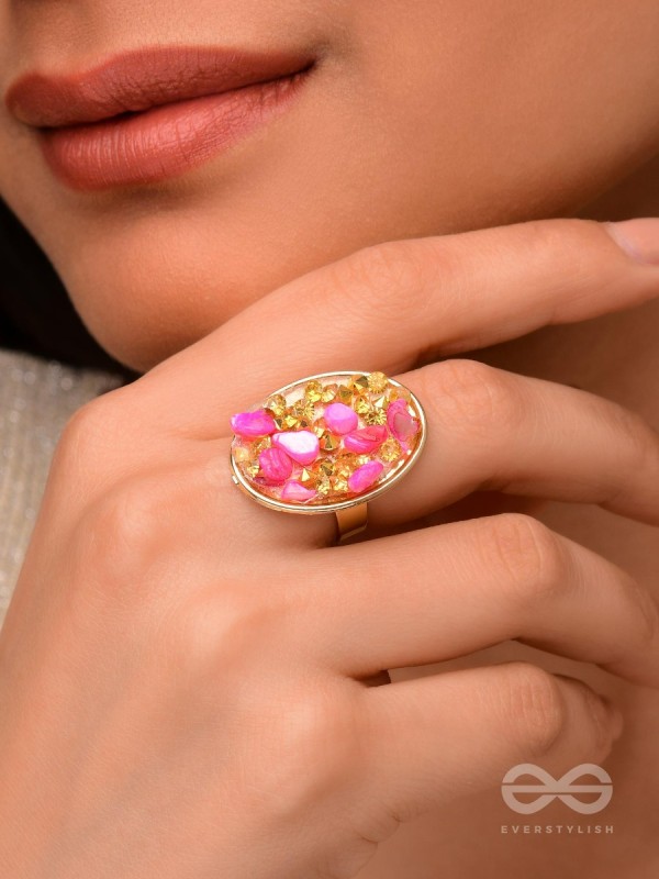 Sparkles & Stones  - Golden Embellished Ring (Pink) (Adjustable)