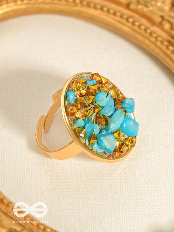Sparkles & Stones  - Golden Embellished Ring (Blue) (Adjustable)