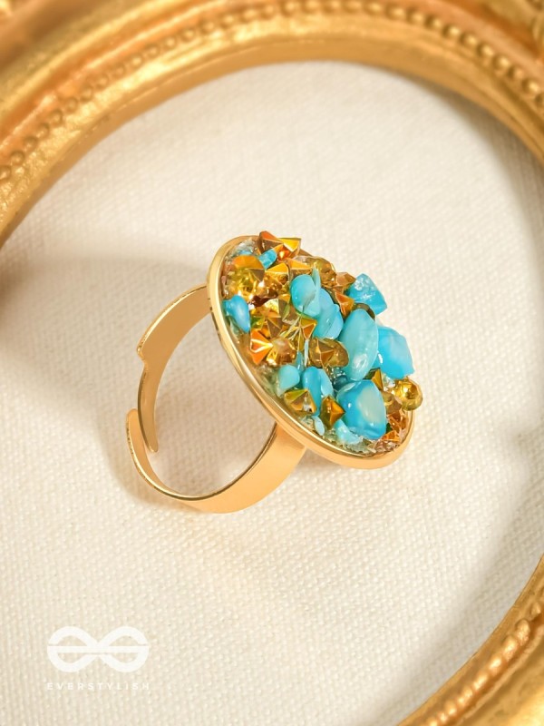 Sparkles & Stones  - Golden Embellished Ring (Blue) (Adjustable)