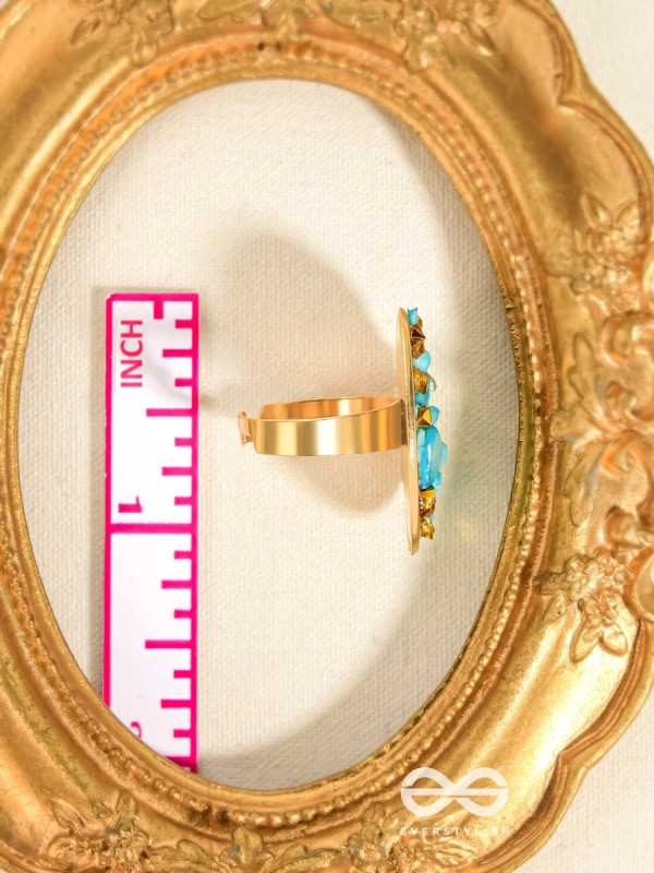 Sparkles & Stones  - Golden Embellished Ring (Blue) (Adjustable)