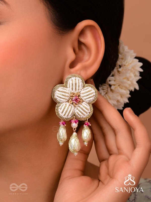 ABHRAPUSPA - THE CLOUDY FLOWER- STONES, BEADS AND PEARL DROPS HAND EMBROIDERED EARRINGS