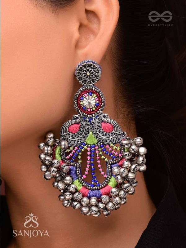 Abherī - The Melodic Dance - Resham And Beads Hand Embroidered Oxidised Earrings