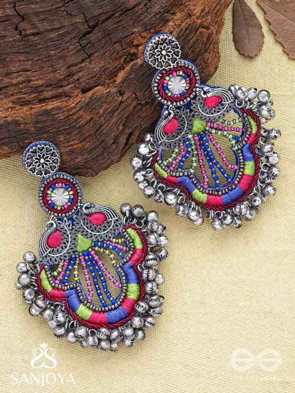 Abherī - The Melodic Dance - Resham And Beads Hand Embroidered Oxidised Earrings