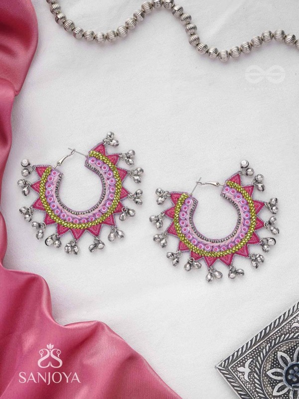 Ihaloka - The Circle Of Life - Sequins And Beads Hand Embroidered Oxidised Hoop Earrings