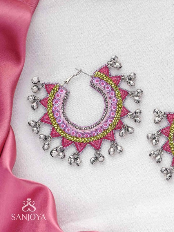 Ihaloka - The Circle Of Life - Sequins And Beads Hand Embroidered Oxidised Hoop Earrings