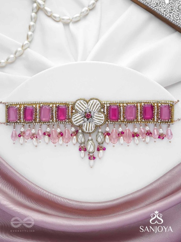 CHAANDIKUSUMA - THE ROYAL BLOSSOM- STONE, BEADS, GLASS AND PEARL DROPS HAND EMBROIDERED CHOKER NECKPIECE