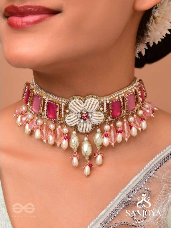 CHAANDIKUSUMA - THE ROYAL BLOSSOM- STONE, BEADS, GLASS AND PEARL DROPS HAND EMBROIDERED CHOKER NECKPIECE