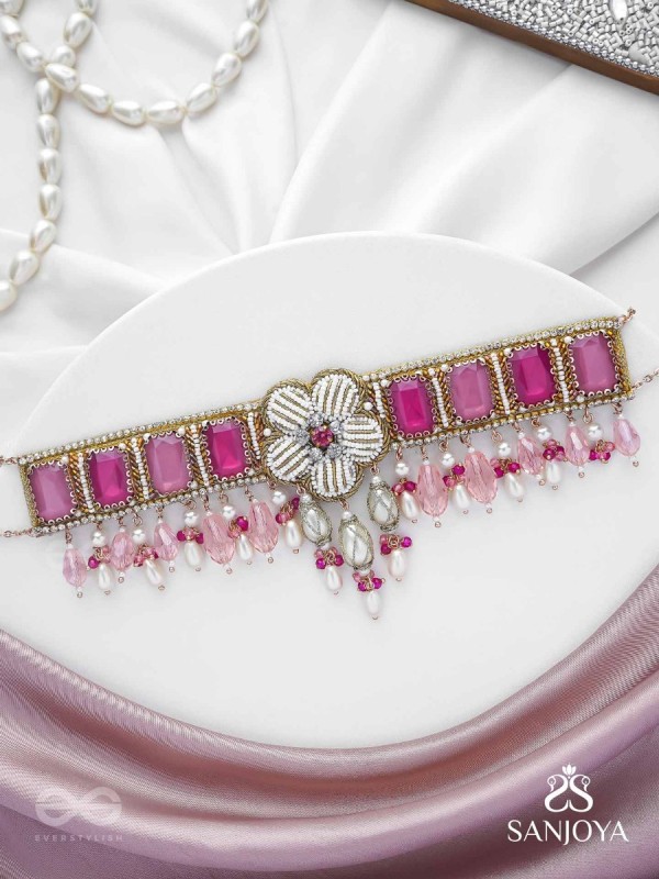 CHAANDIKUSUMA - THE ROYAL BLOSSOM- STONE, BEADS, GLASS AND PEARL DROPS HAND EMBROIDERED CHOKER NECKPIECE
