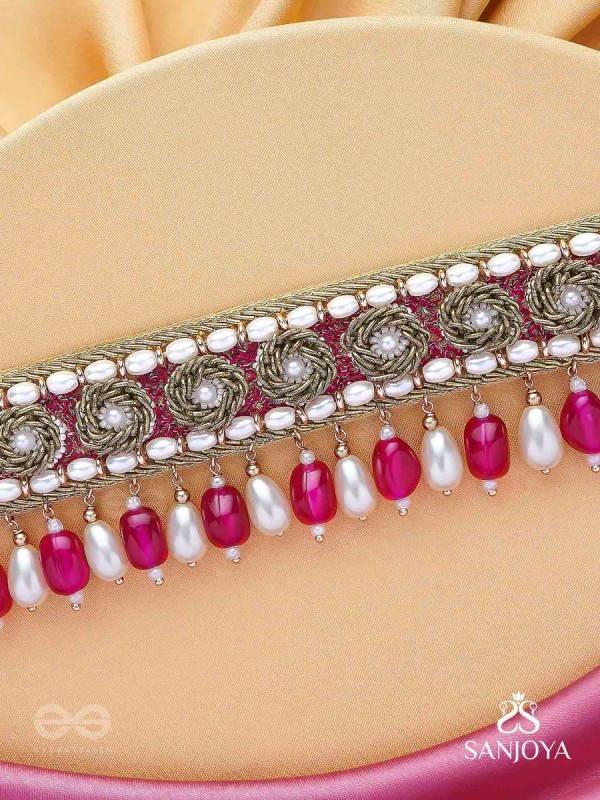 Paurandhra- The Divine Feminism-  Beads, Pearl And Glass Drops Hand Embroidered Choker Neckpiece