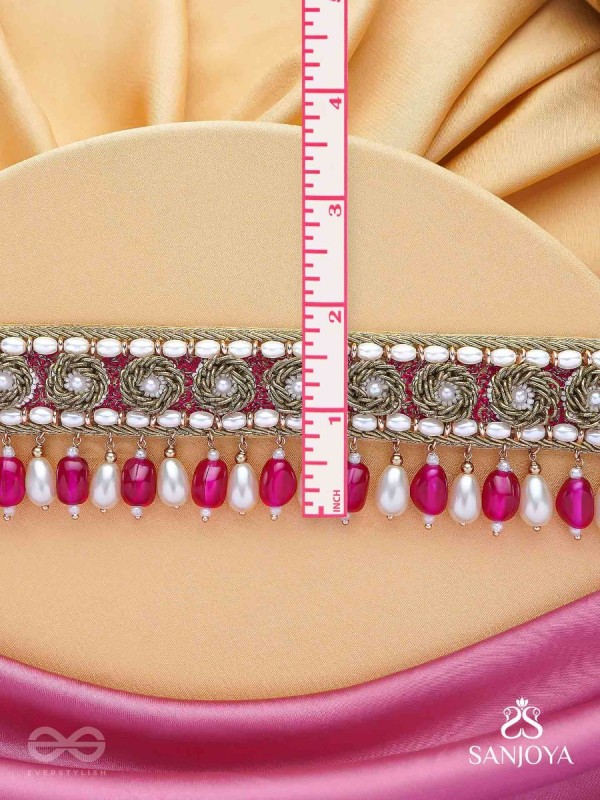 Paurandhra- The Divine Feminism-  Beads, Pearl And Glass Drops Hand Embroidered Choker Neckpiece