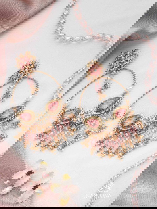 Satpushpa- The Blooming Grace- Stones, Beads, Pearls And Glass Drops Hand Embroidered Earrings