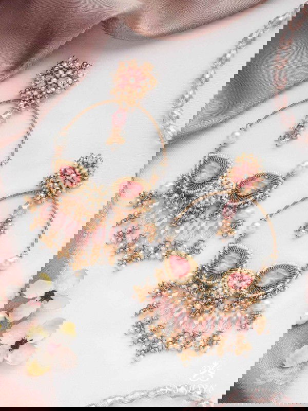 Satpushpa- The Blooming Grace- Stones, Beads, Pearls And Glass Drops Hand Embroidered Earrings