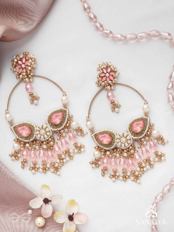 Satpushpa- The Blooming Grace- Stones, Beads, Pearls And Glass Drops Hand Embroidered Earrings