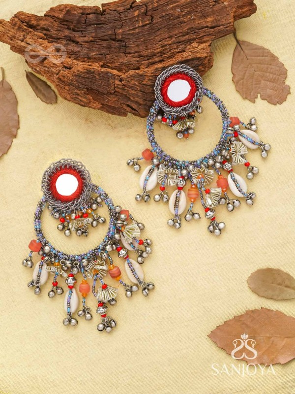 Pradhma - The Ocean Treasures - Beads, Mirror And Shells Hand Embroidered Oxidised Earrings