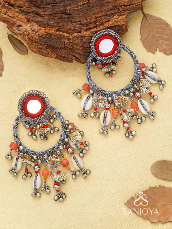 Pradhma - The Ocean Treasures - Beads, Mirror And Shells Hand Embroidered Oxidised Earrings