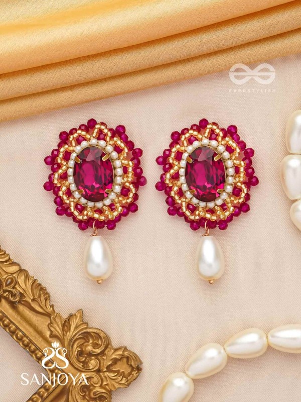Vasatya- The Pink Dust- Stones, Beads And Pearl Drops Hand Embroidered Earrings