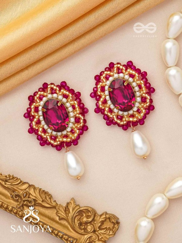 Vasatya- The Pink Dust- Stones, Beads And Pearl Drops Hand Embroidered Earrings