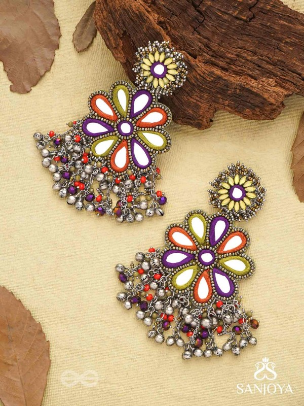 Ambuvasini - The Angel's Flower - Mirror, Resham And Beads Hand Embroidered Oxidised Earrings
