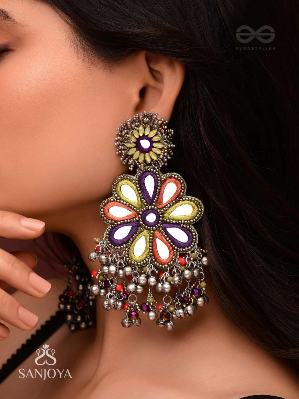 Ambuvasini - The Angel's Flower - Mirror, Resham And Beads Hand Embroidered Oxidised Earrings