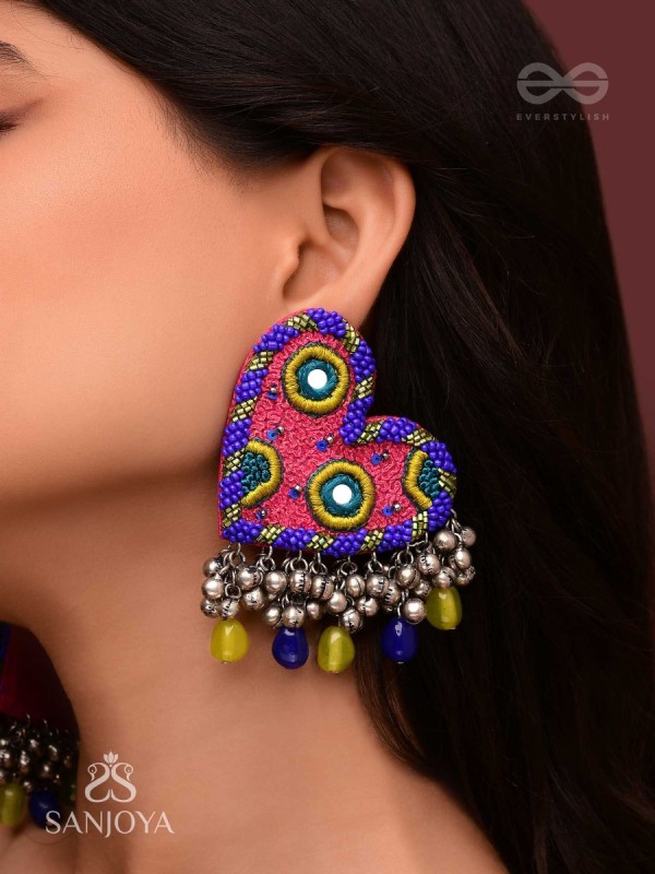 Hrdayanuga - Sound Of The Heart - Beads, Mirror And Glass Drops Hand Embroidered Oxidised Earrings