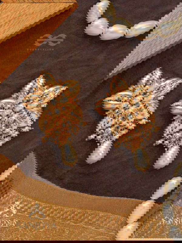 Kanaka - The Gleaming Blossoms - Beads, Shells And Pearl Drops Hand Embroidered Earrings