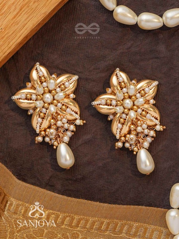 Kanaka - The Gleaming Blossoms - Beads, Shells And Pearl Drops Hand Embroidered Earrings