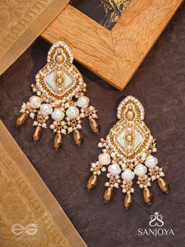 Hairanyika - The Ivory Aurora - Beads And Glass Drops Hand Embroidered Earrings