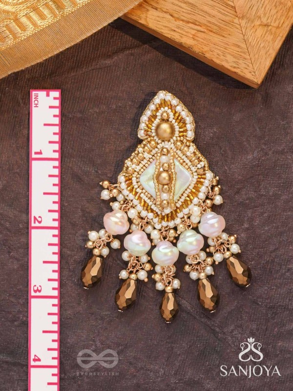 Hairanyika - The Ivory Aurora - Beads And Glass Drops Hand Embroidered Earrings