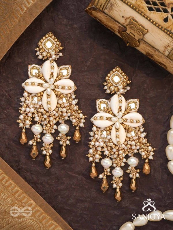 Sambuka- The Golden Snowflakes - Beads, Shells And Glass Drop Hand Embroidered Earrings