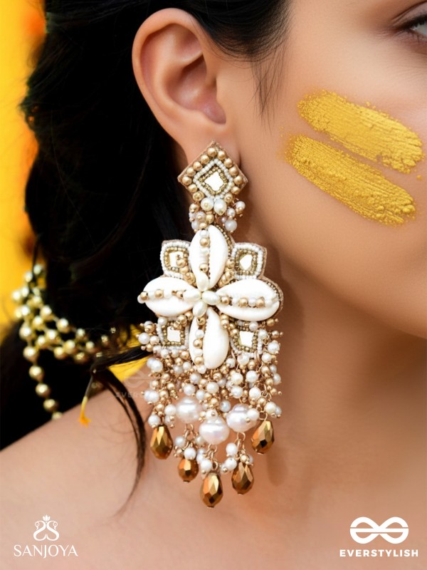 Sambuka- The Golden Snowflakes - Beads, Shells And Glass Drop Hand Embroidered Earrings