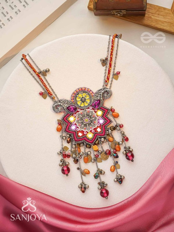 Ucchvasita - The Royal Bloom - Stones, Mirror And Beads Hand Embroidered Oxidized Neckpiece
