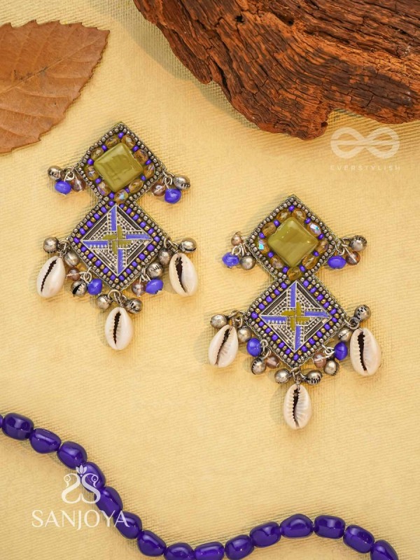 Dvikarani - The Sea Sky - Stone, Shells And Beads Enamelled Hand Embroidered Oxidised Earrings