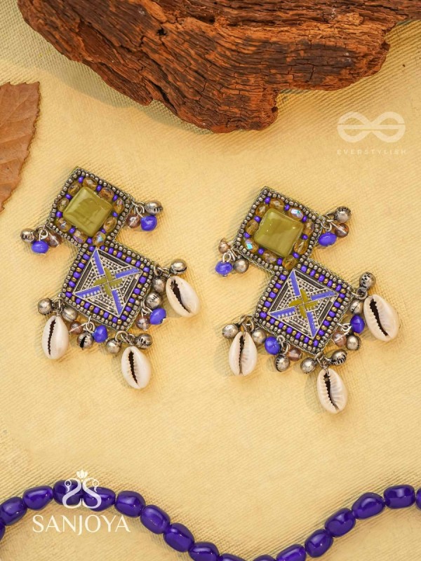 Dvikarani - The Sea Sky - Stone, Shells And Beads Enamelled Hand Embroidered Oxidised Earrings