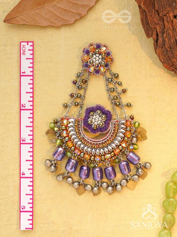 Anandabhuj- The Auroral Merriment- Resham, Beads And Glass Drops Hand Embroidered Oxidised Earrings