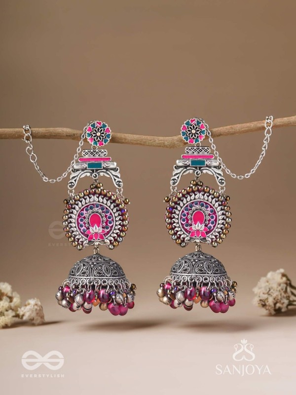 Anikini - The Lotus Manifestation- Enamelled Oxidised Chain Jhumka Earrings