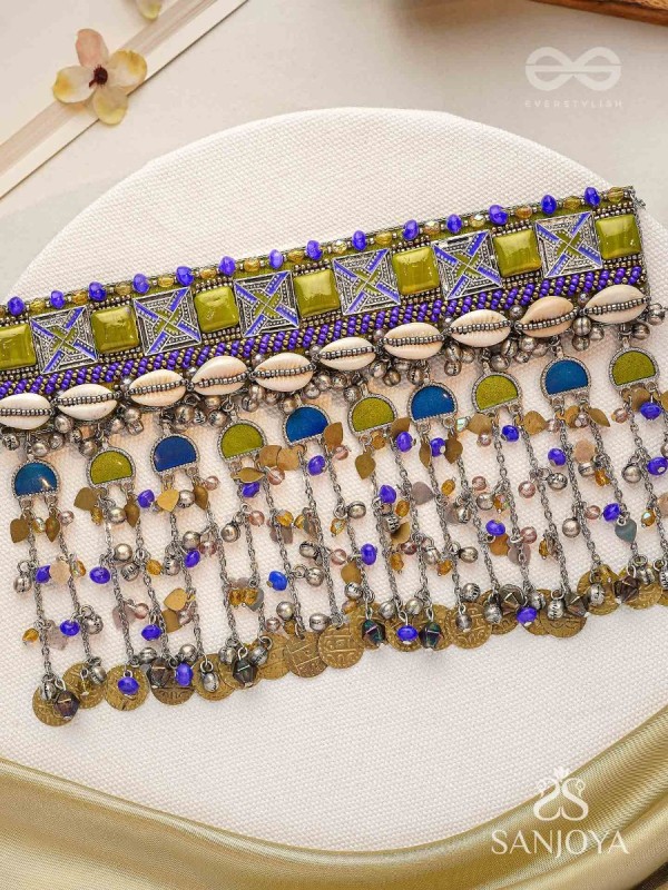 Bhumimaye - The Earthy Cadence - Shells, Beads And Coins Enamelled Hand Embroidered Oxidised Choker Neckpiece