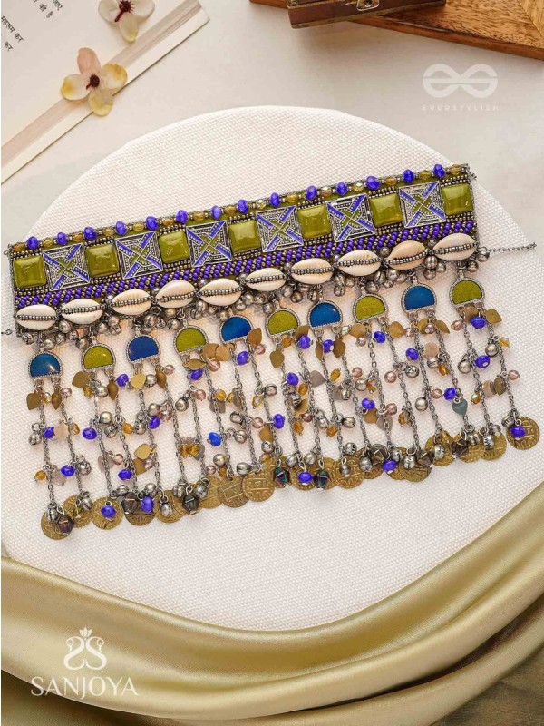 Bhumimaye - The Earthy Cadence - Shells, Beads And Coins Enamelled Hand Embroidered Oxidised Choker Neckpiece