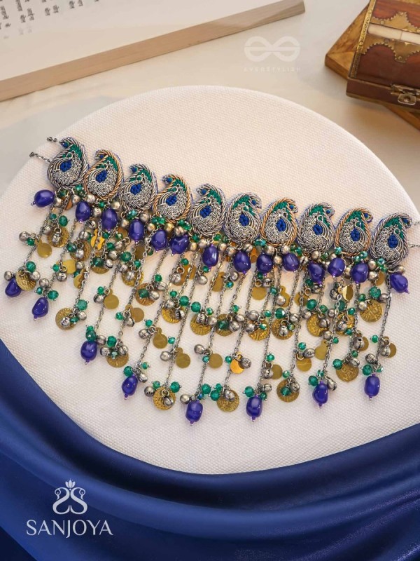 Saikhina - The Drizzling Dance - Glass Beads And Coins Hand Embroidered Oxidised Neckpiece