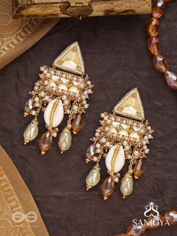 Ruchaka - Coastline Treasures - Beads, Shells And Glass Drop Hand Embroidered Earrings