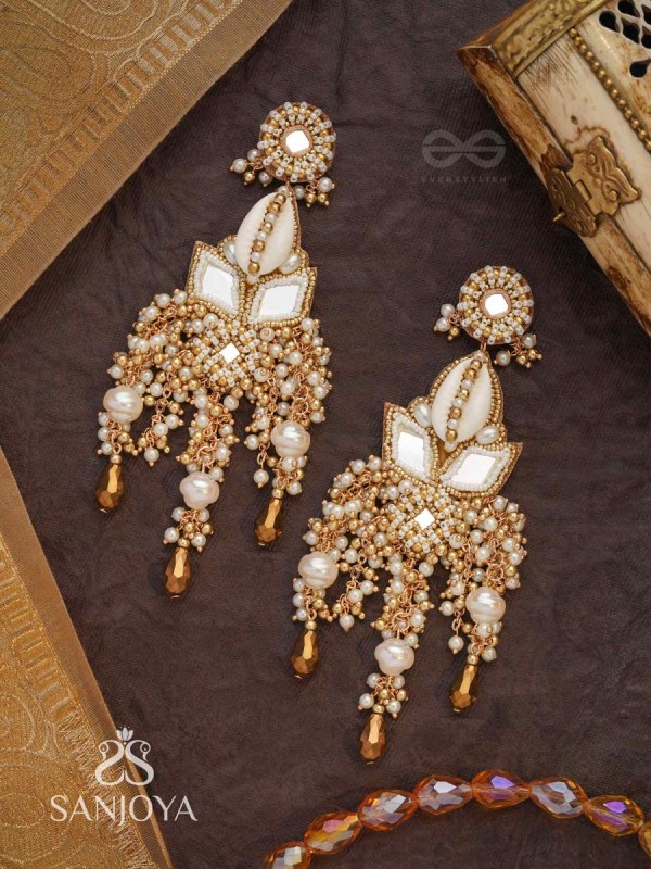 Sahasra - Golden Waves Whisper- Beads, Shells And Glass Drop Hand Embroidered Earrings
