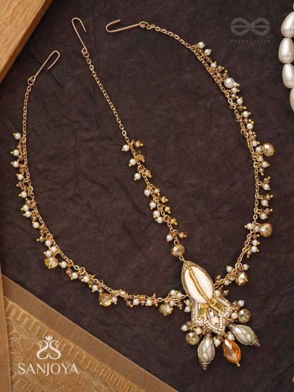 Daksayanina - Champagne Frost - Beads, Shells And Glass Drops Hand Embroidered Maangtika